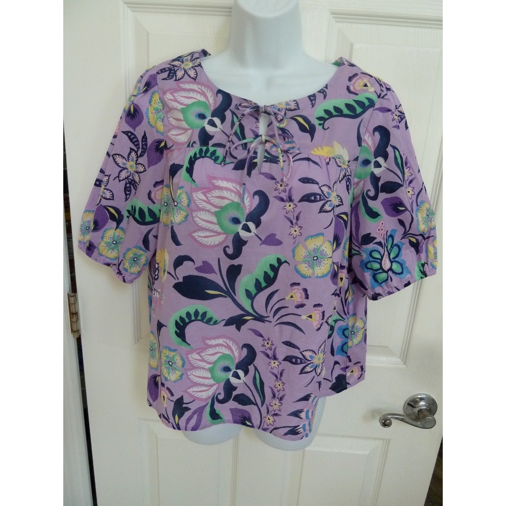 NWT TALBOTS Sz Med. Puffed Sleeve 100% Cotton Blouse Floral Colorful Cropped